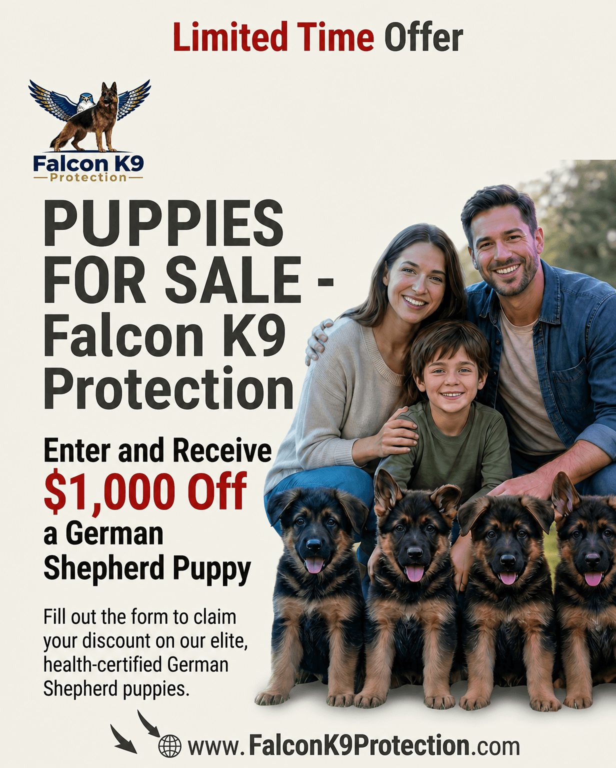 Falcon K9 Protection ad β Puppies for sale, $1,000 off promotion