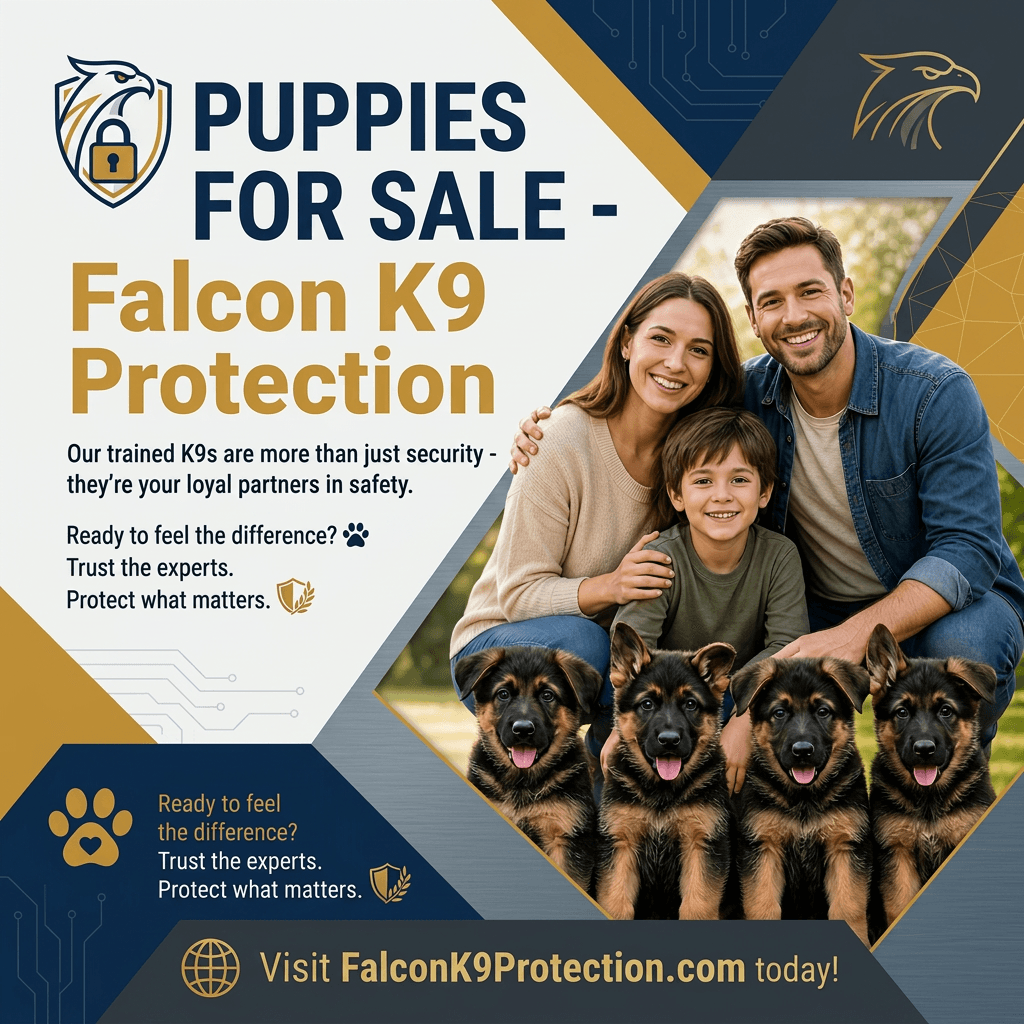 Falcon K9 Protection social ad β Puppies for sale, gold and navy design