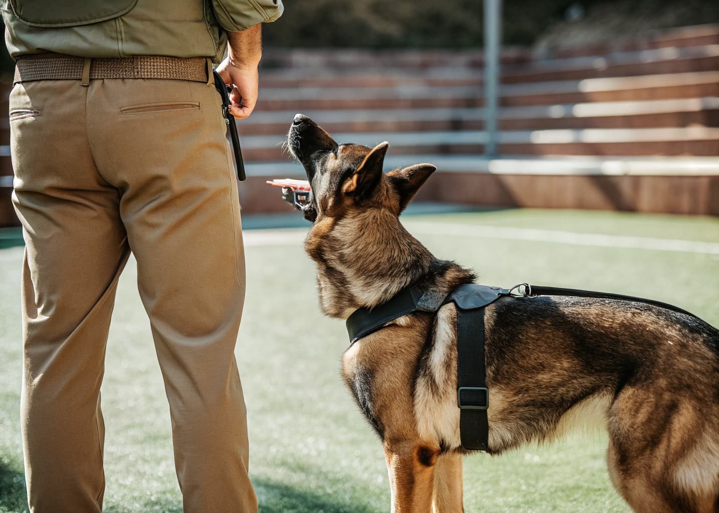 German Shepherd protection dog during a professional temperament and obedience evaluation session