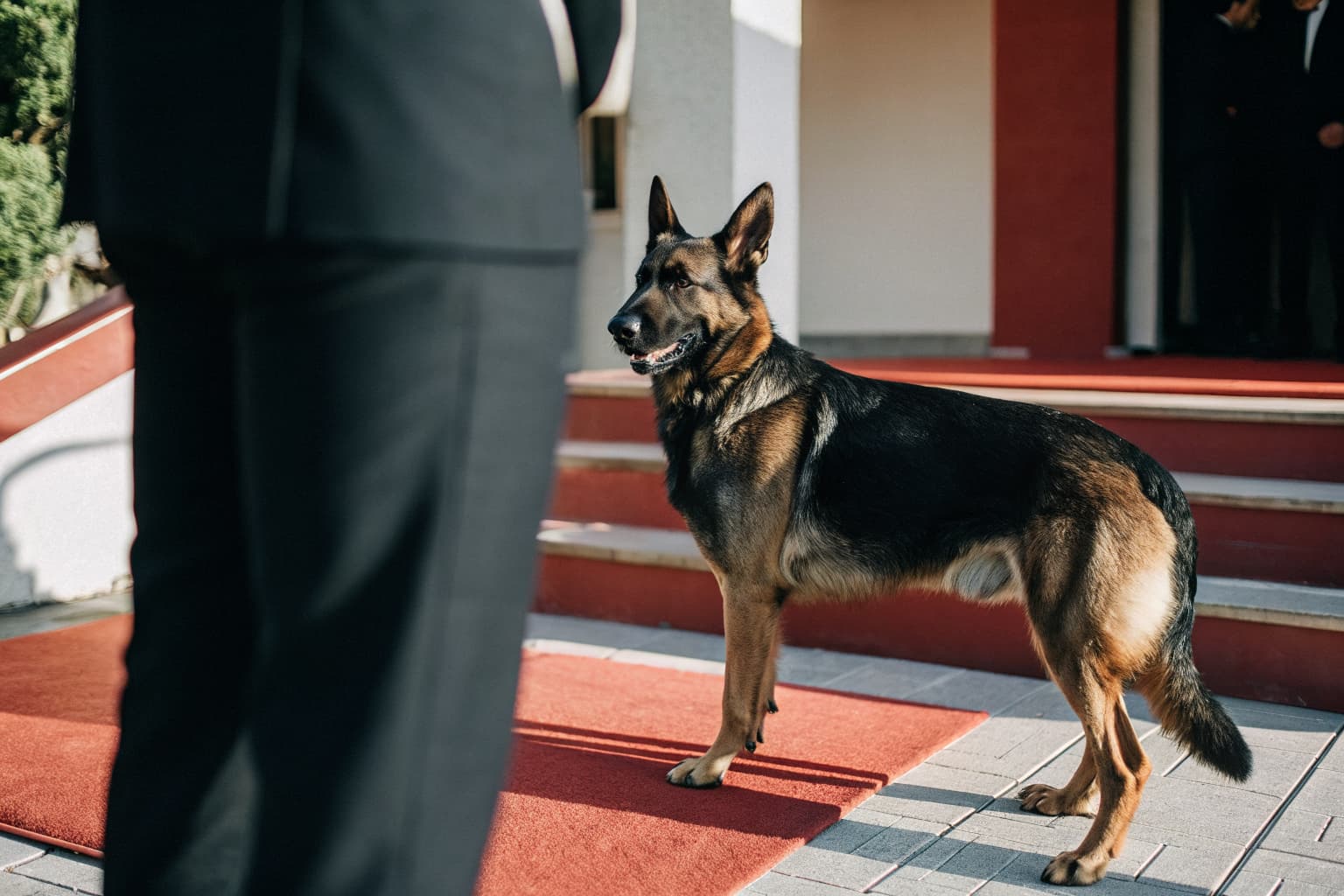 Confident German Shepherd protection dog standing at attention on an estate lawn, representing Falcon K9 Protection's premium dogs for sale