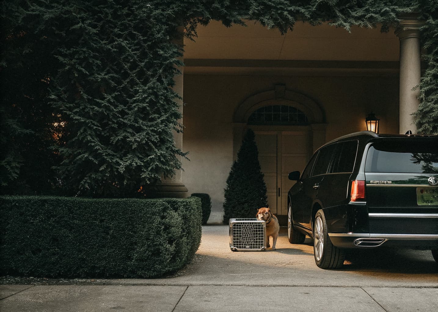 German Shepherd protection dog beside a travel crate and vehicle, representing Falcon K9 Protection's nationwide delivery and placement