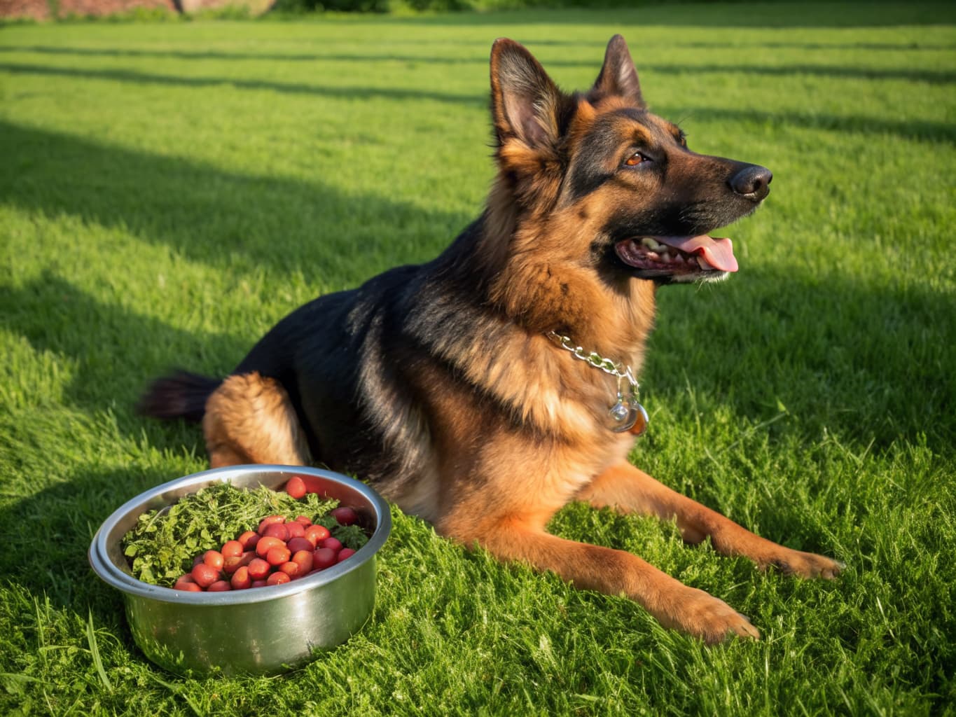 Healthy German Shepherd lying on a lawn beside a bowl of fresh food