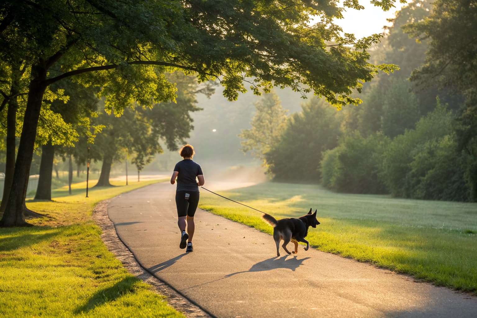 Person jogging on a sunny park trail with a German Shepherd on a leash