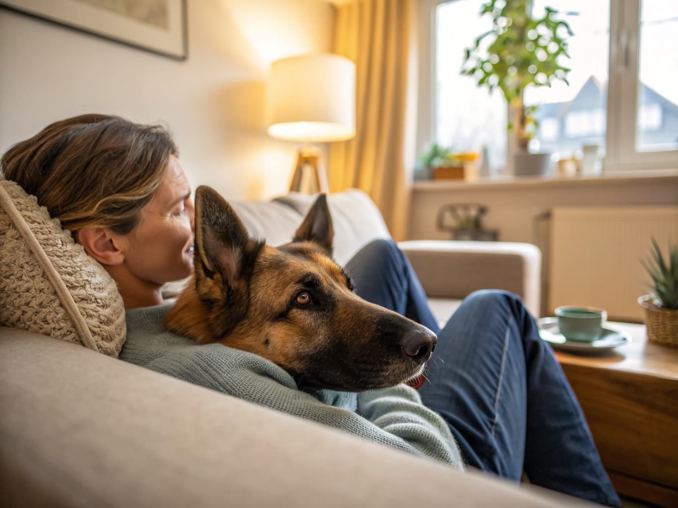 German Shepherd resting its head on its owner on a sofa in a cozy living room