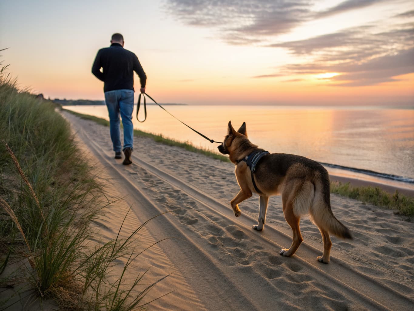 German Shepherd walking on a leash along a beach path at sunrise