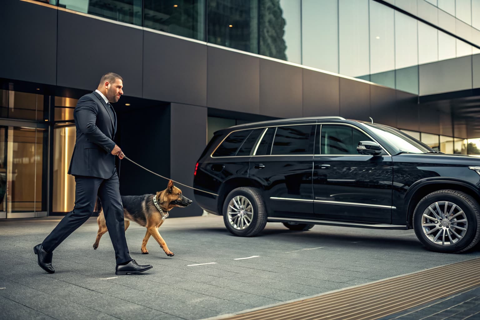 K9 handler and protection dog supporting an executive protection detail outside a corporate building | Falcon K9 Protection