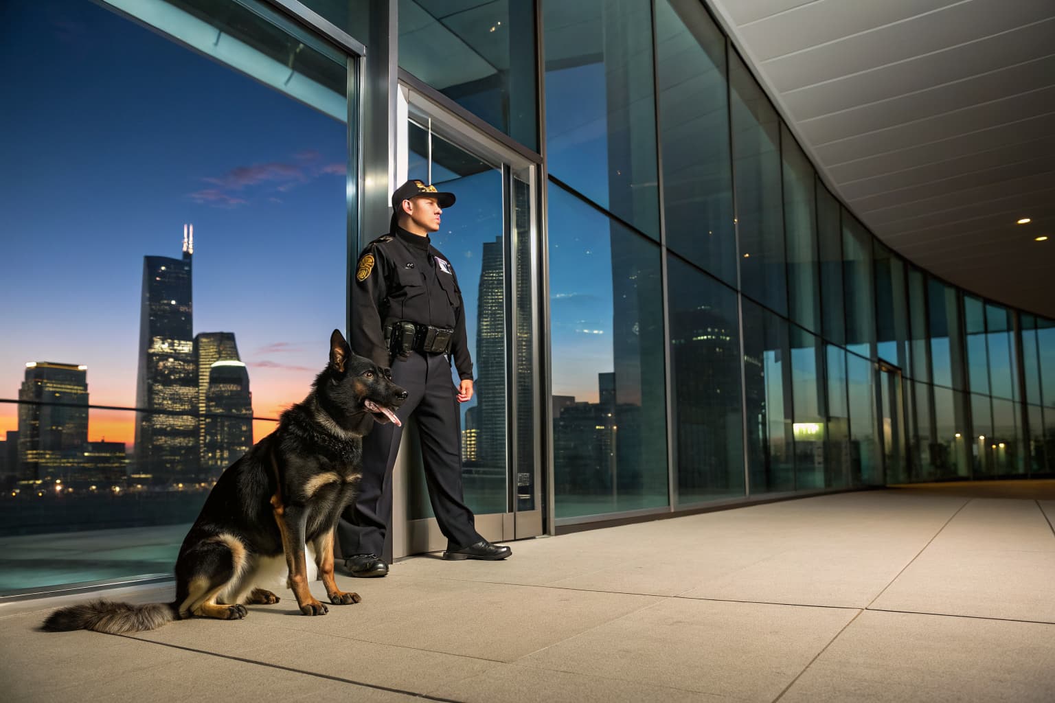 Corporate Security K9 handler and trained German Shepherd protection dog at a corporate office entrance | Falcon K9 Protection