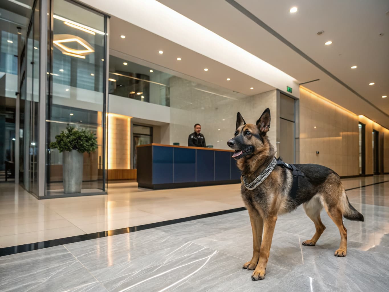 Trained German Shepherd K9 patrolling a corporate office lobby | Falcon K9 Protection