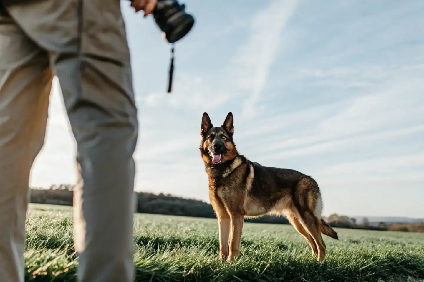 Elite German Shepherd standing alert in an open field