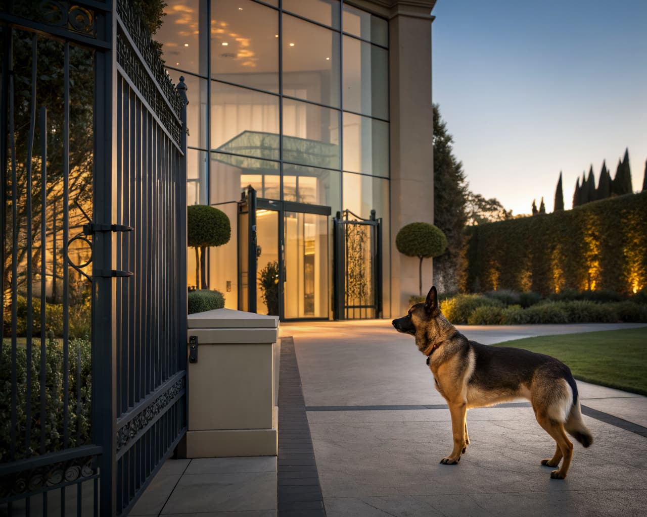 Elite German Shepherd standing guard at a private luxury estate entrance | Falcon K9 Protection