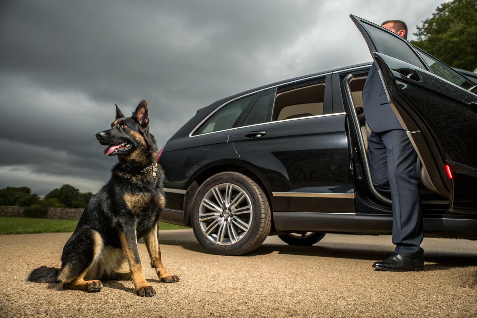 Executive protection German Shepherd sitting in heel position beside a private vehicle | Falcon K9 Protection