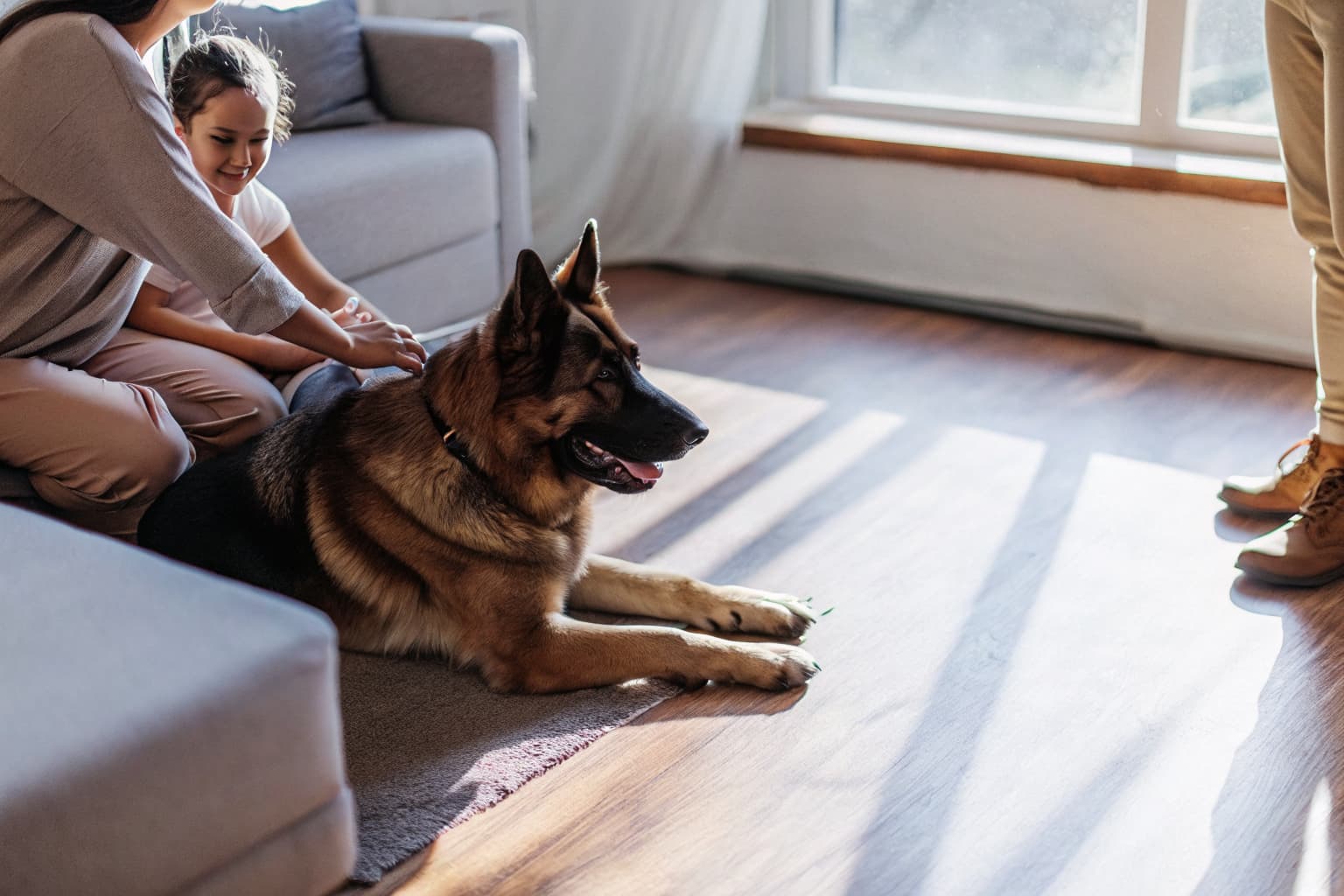 Family German Shepherd protection dog resting calmly in a bright living room while a young girl pets it and her parents look on