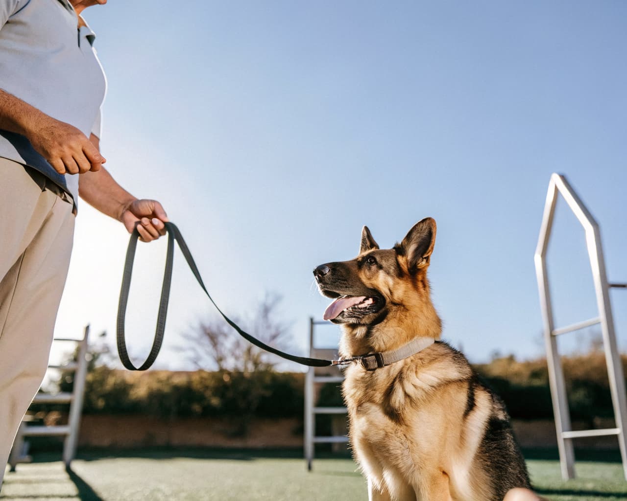 Trainer working with a focused German Shepherd protection dog on leash during an outdoor obedience session