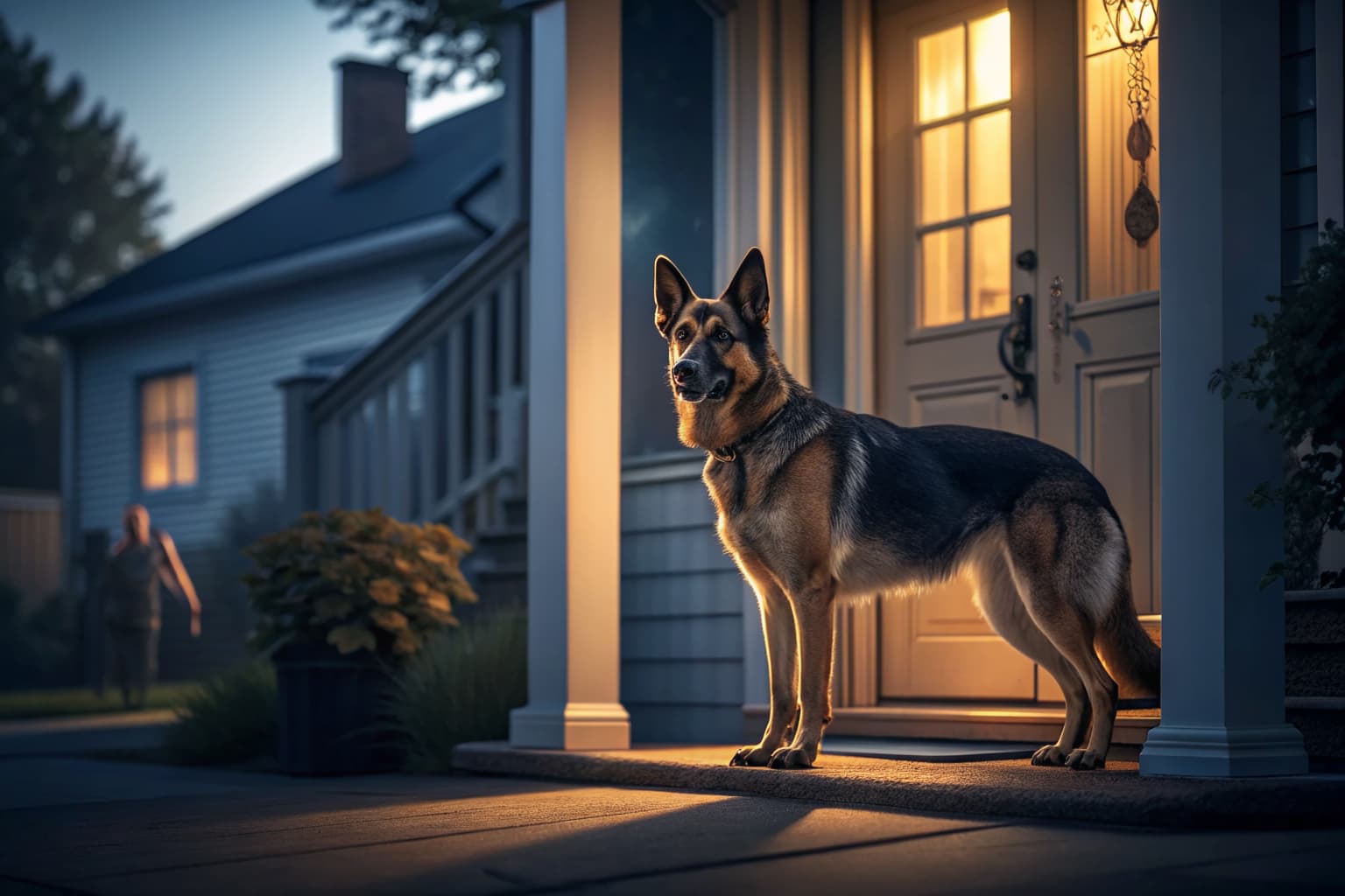 German Shepherd home protection dog standing alert at the front door of a suburban home at dusk