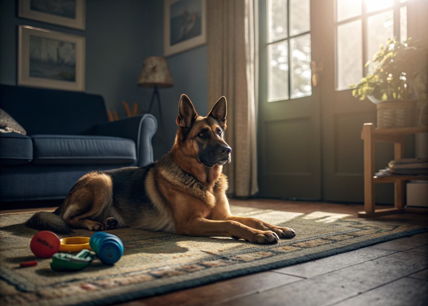 Calm German Shepherd home protection dog resting on a rug in a family living room