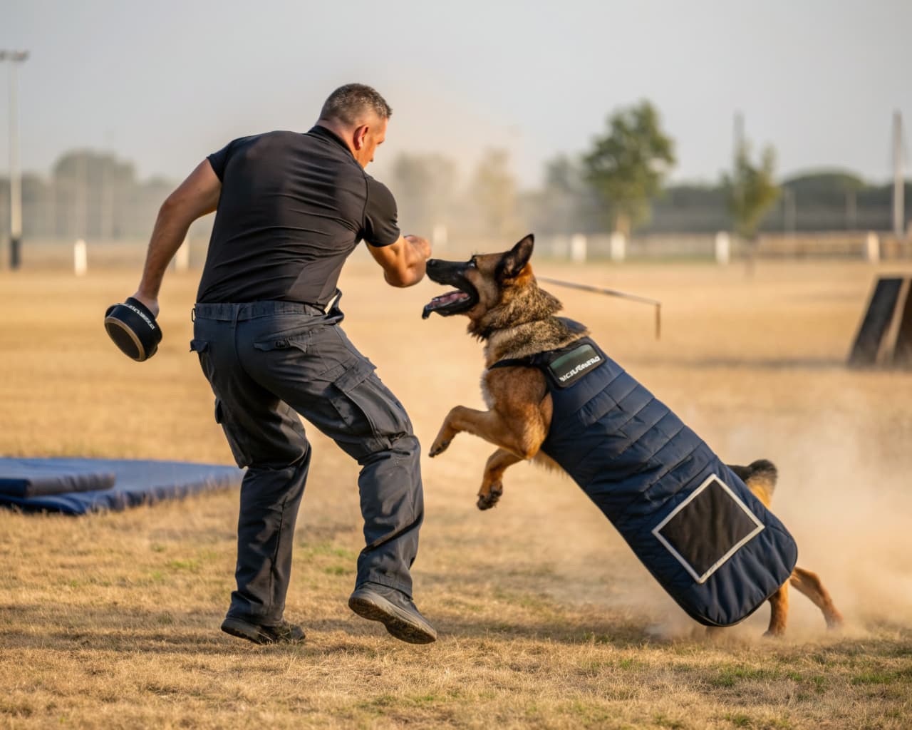 German Shepherd protection dog performing a controlled training drill with a professional trainer