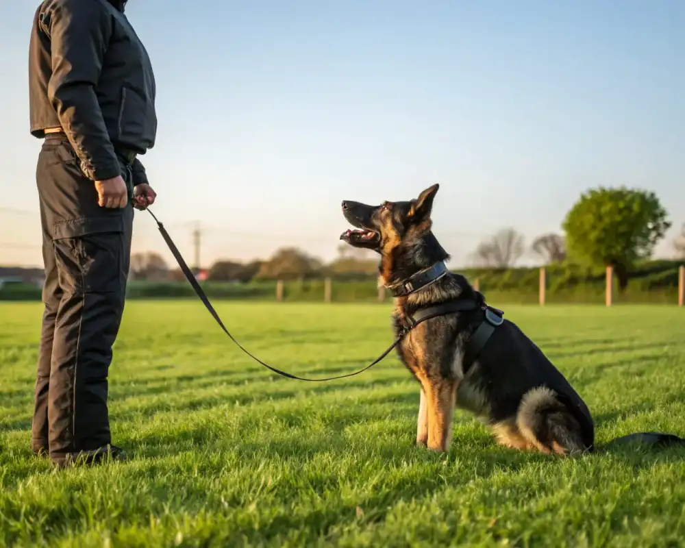 German Shepherd working with handler in training session