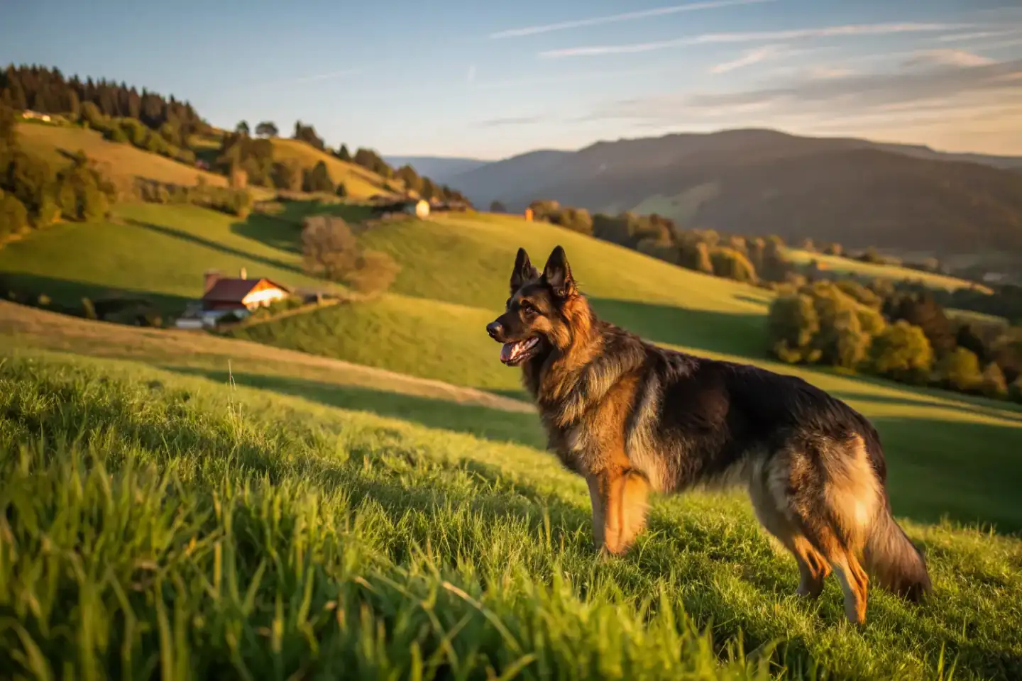 Premium imported German Shepherd standing alert in a field