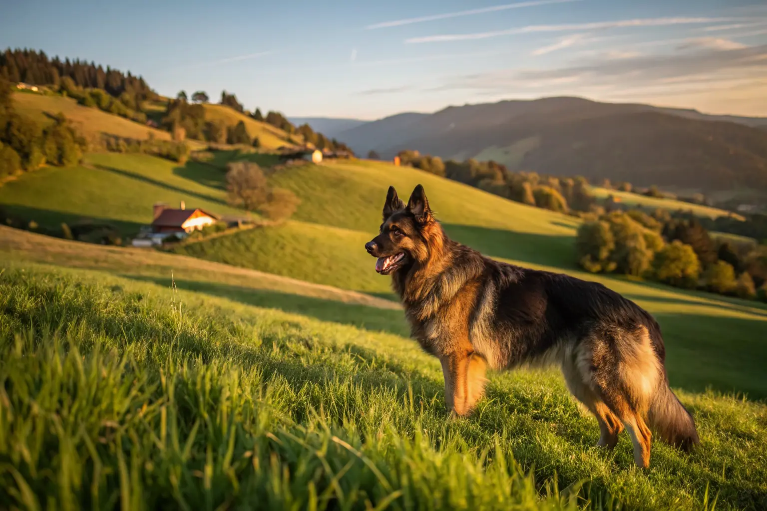 Majestic German Shepherd standing in German countryside meadow