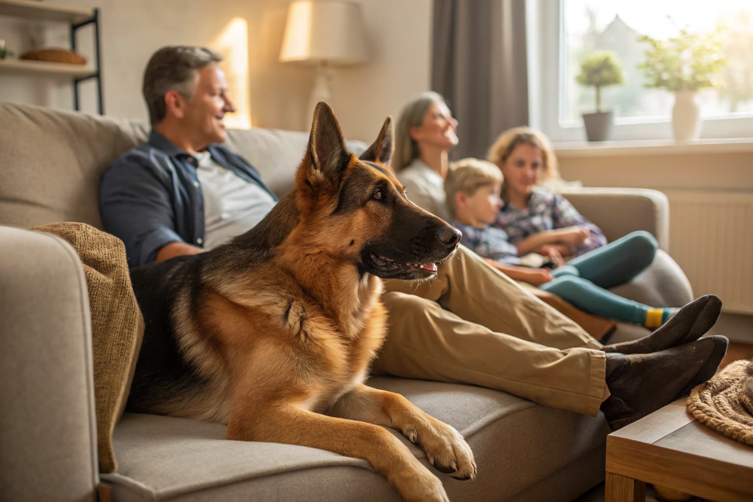 German Shepherd relaxing with family in living room, showing gentle companionship while maintaining alert awareness