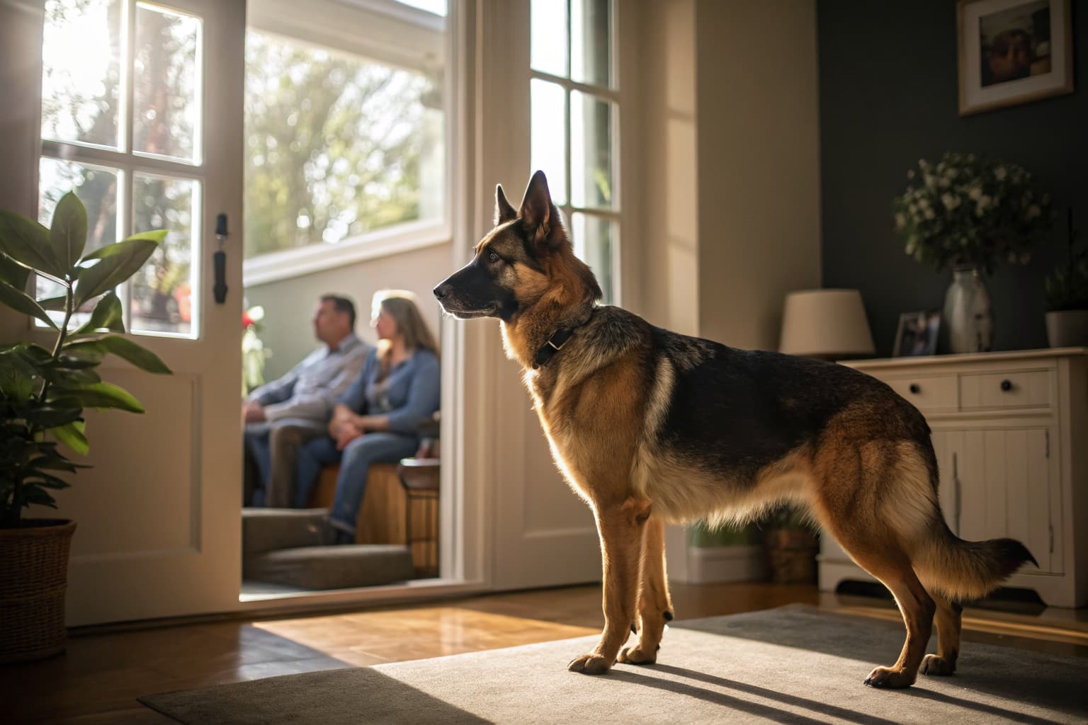 Alert German Shepherd protection dog standing in home environment, positioned protectively near family