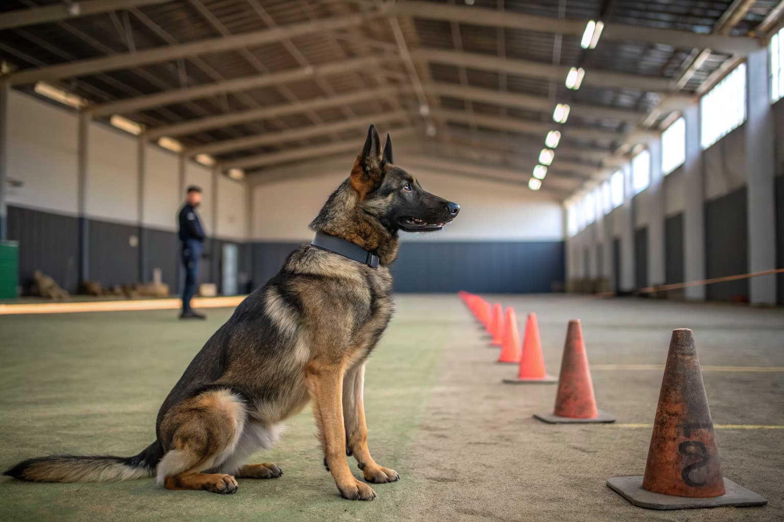 German Shepherd in controlled training stance demonstrating precision, focus, and trained protective capability