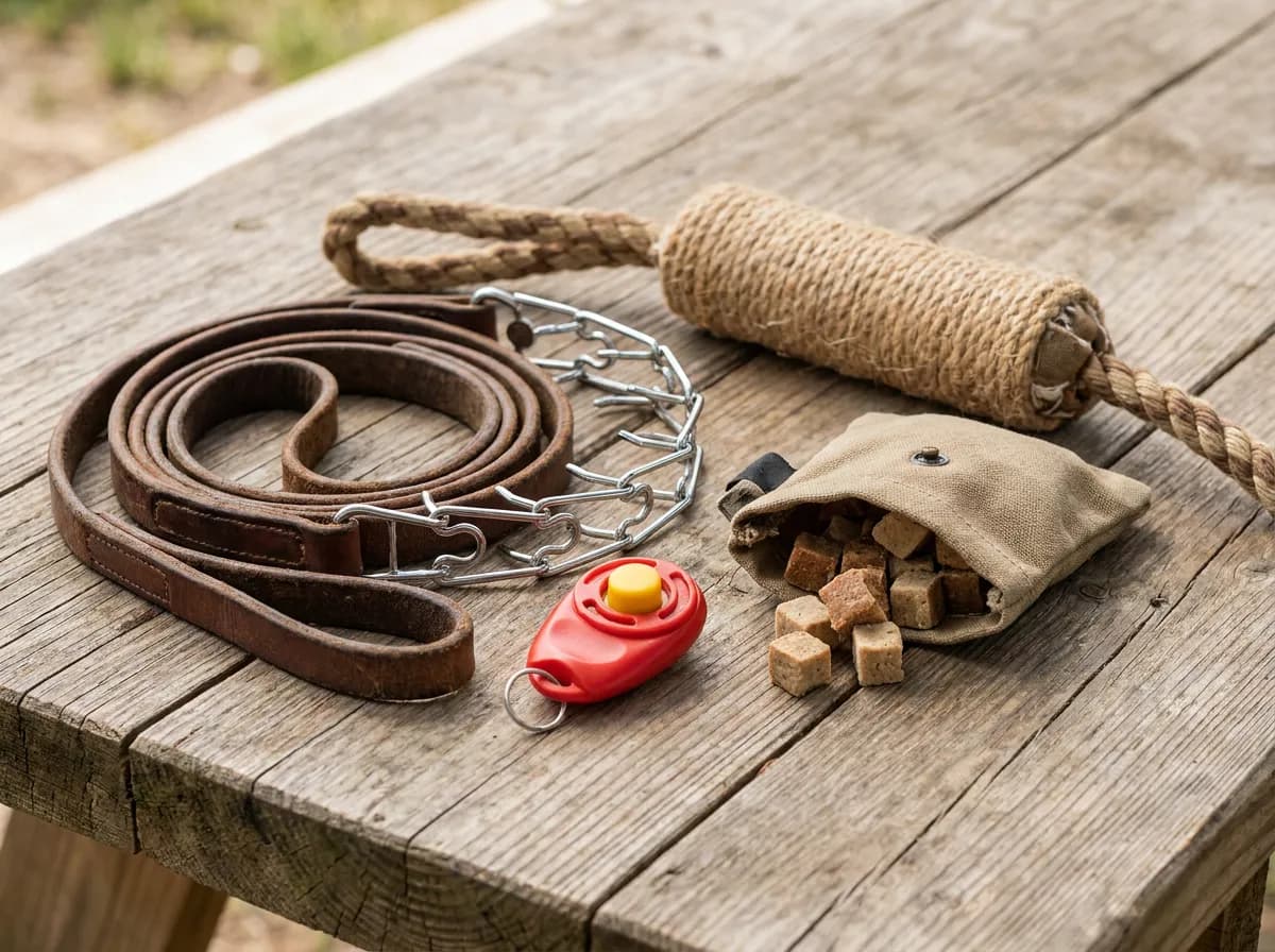 K9 training equipment including leash, prong collar, clicker, and tug toy | Falcon K9 Protection