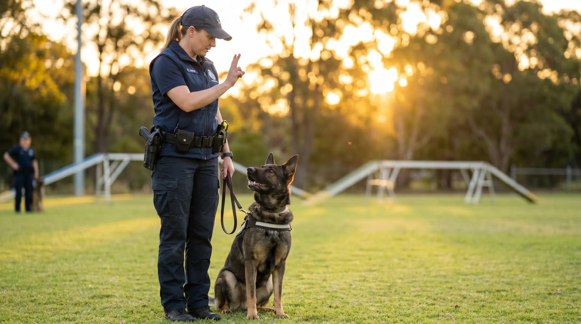 K9 handler training a German Shepherd on obedience commands | Falcon K9 Protection