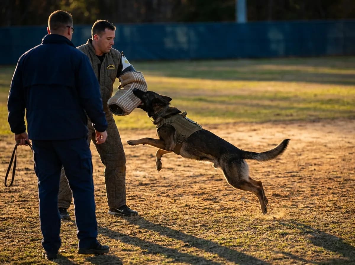 German Shepherd performing controlled bite work with a decoy during protection training | Falcon K9 Protection