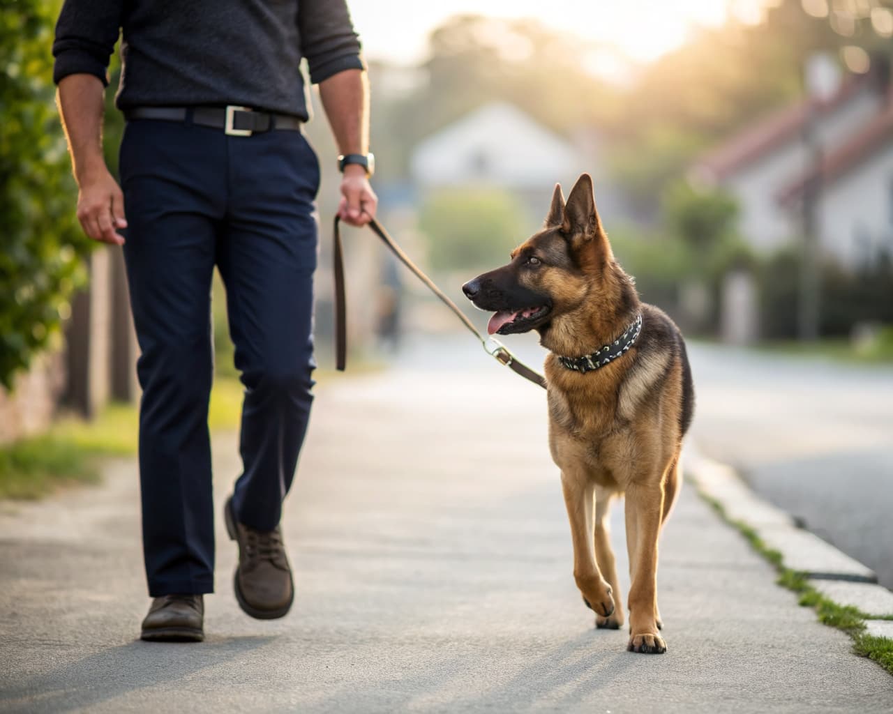 Personal protection German Shepherd walking calmly on a leash through a residential neighborhood | Falcon K9 Protection