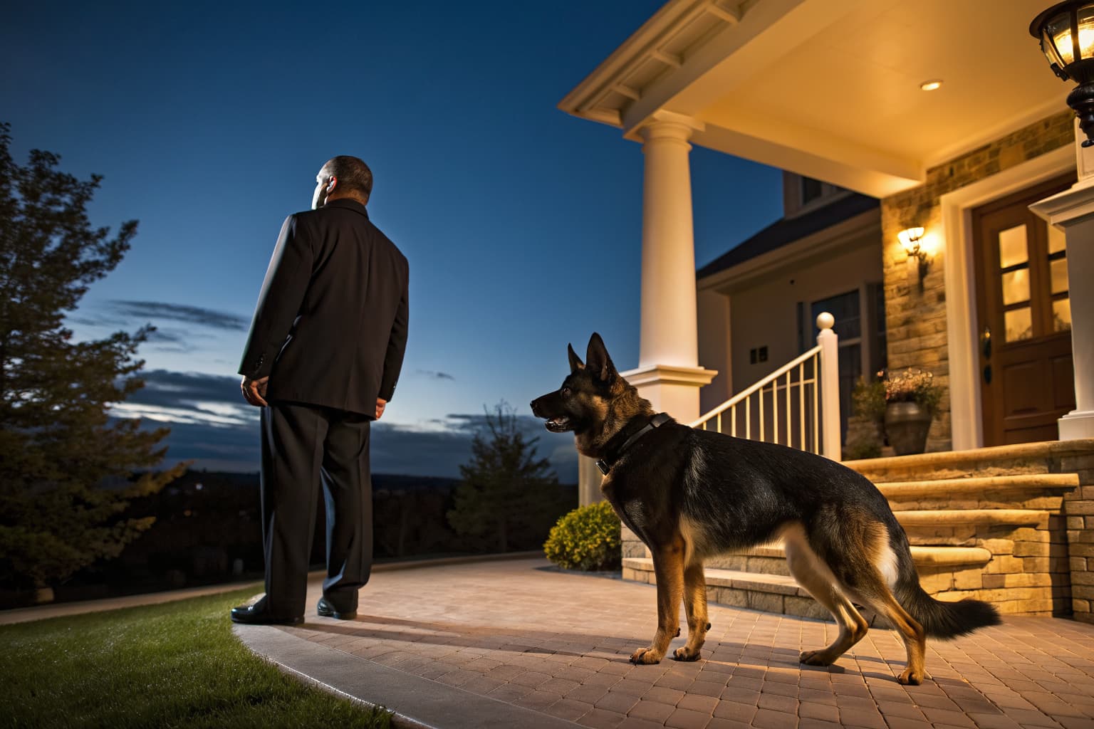 Trained German Shepherd personal protection dog standing alert beside a homeowner at a residence entrance | Falcon K9 Protection