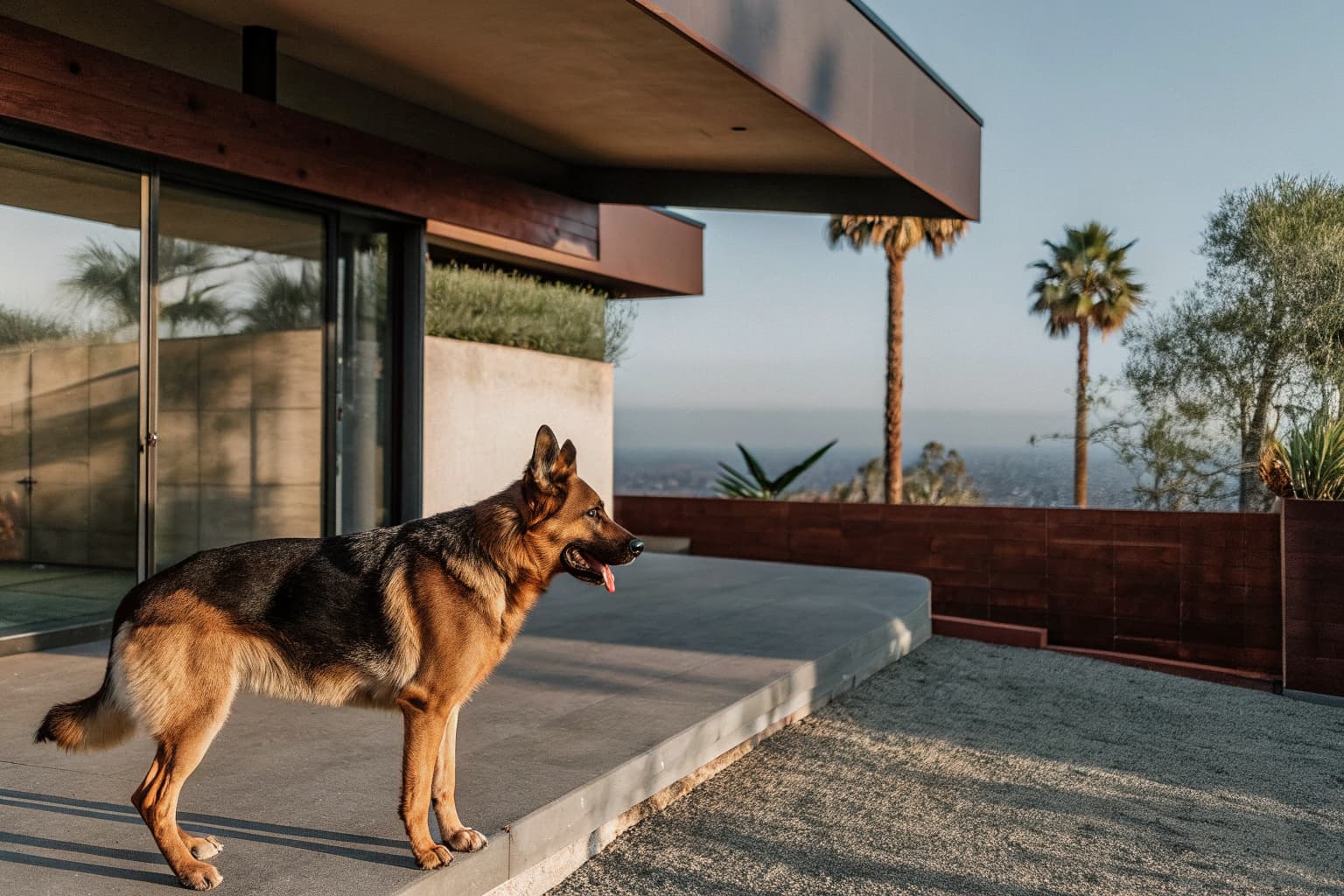 Trained German Shepherd protection dog standing alert on a hillside estate in California with palm trees | Falcon K9 Protection