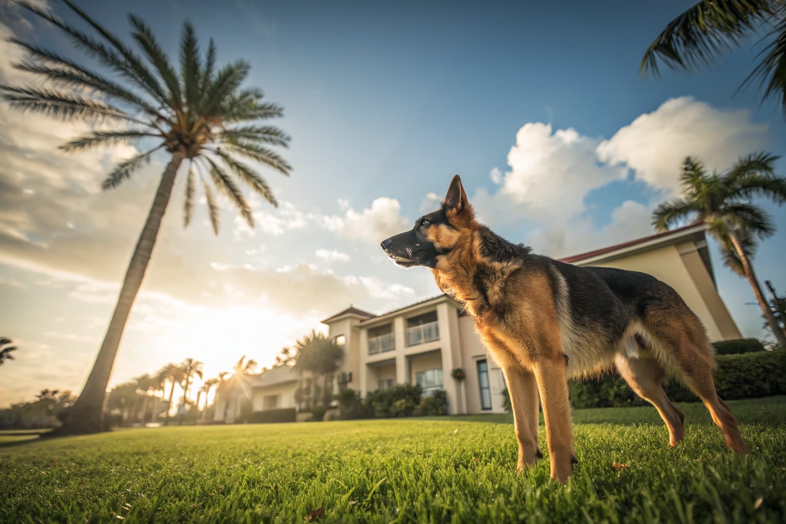 Trained German Shepherd protection dog standing alert on the lawn of a Florida estate with palm trees | Falcon K9 Protection