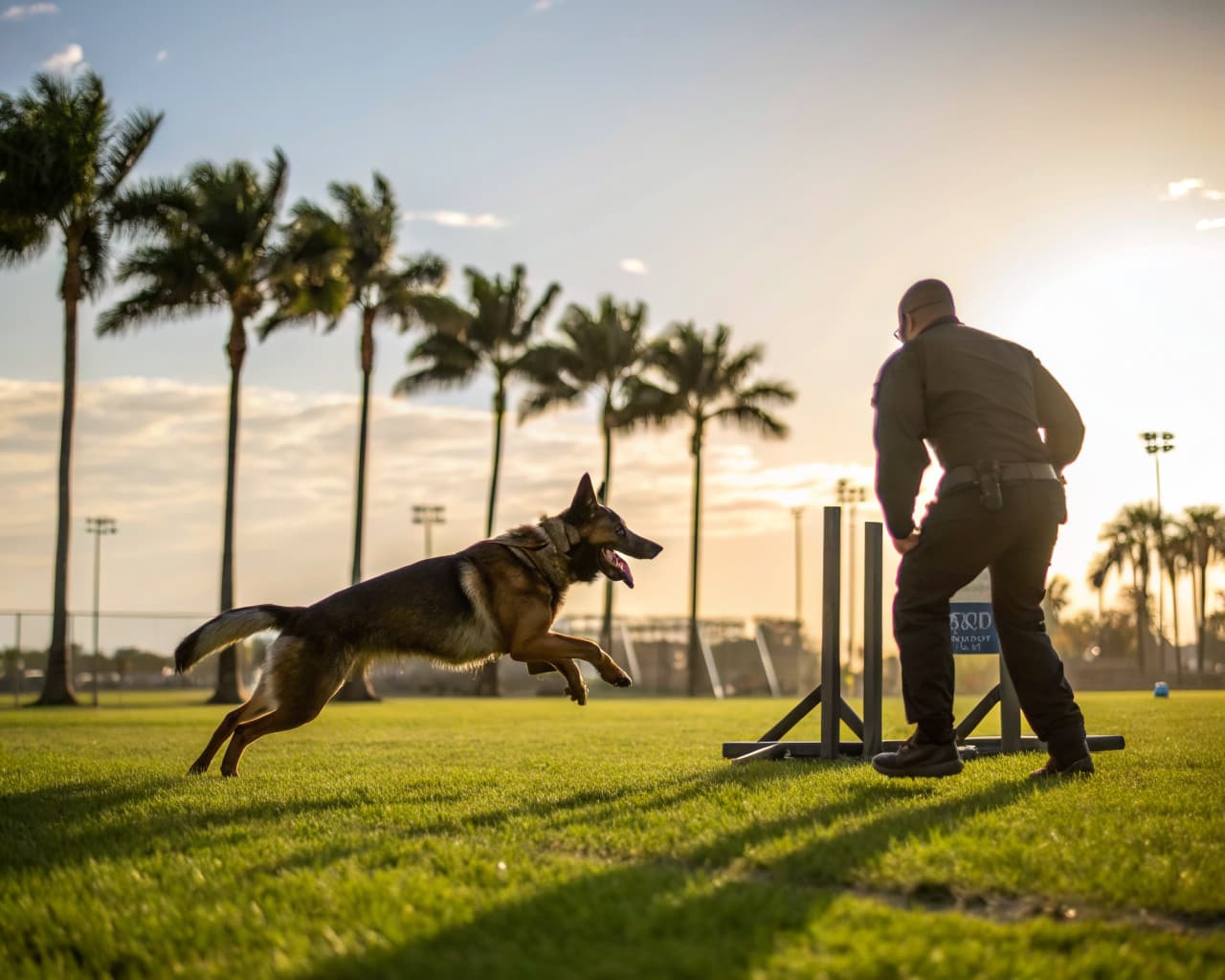 German Shepherd protection dog training outdoors at a Florida facility with palm trees | Falcon K9 Protection