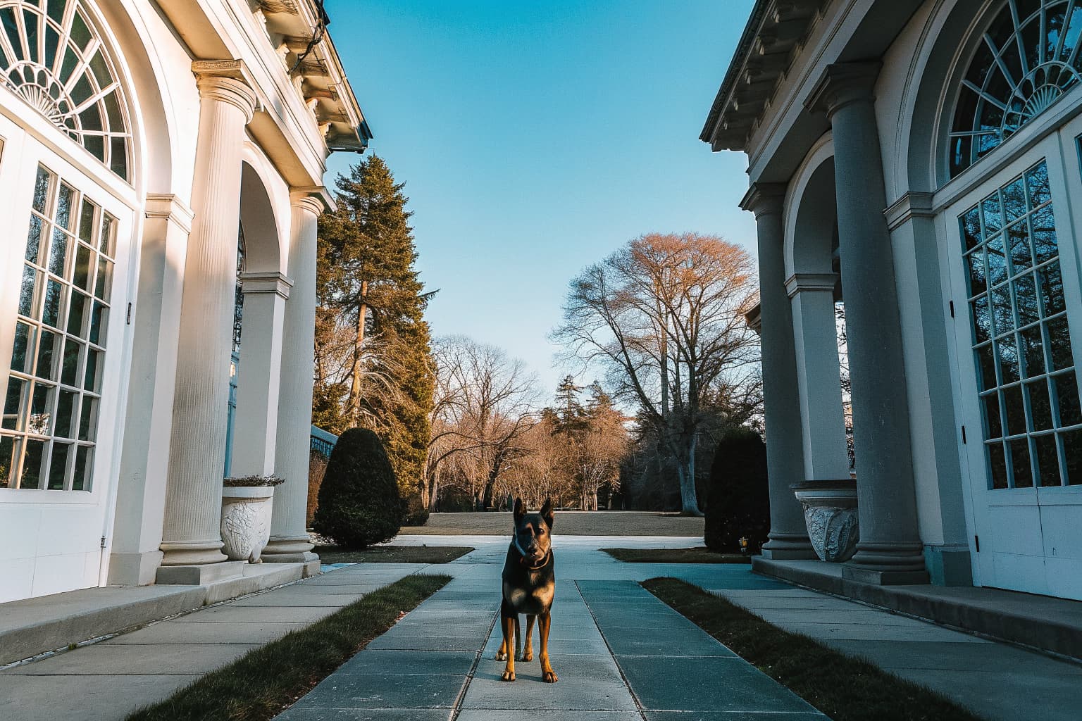 Trained German Shepherd protection dog standing alert on the grounds of an elegant New York estate | Falcon K9 Protection