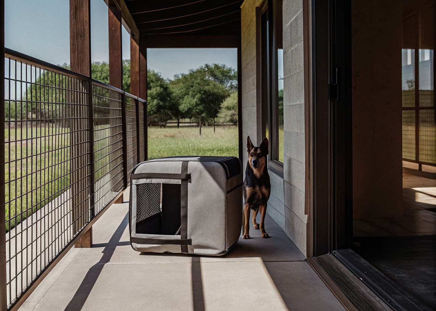 German Shepherd protection dog and transport crate delivered to a Texas ranch home | Falcon K9 Protection