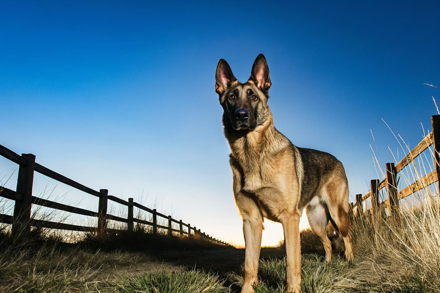 Trained German Shepherd protection dog standing alert on a Texas ranch at sunset | Falcon K9 Protection