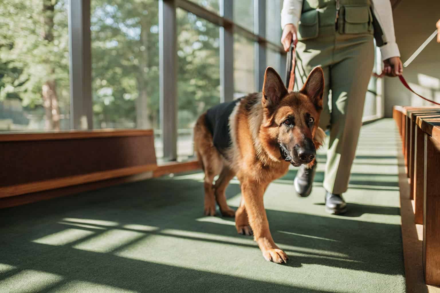 German Shepherd service dog walking beside handler in public setting
