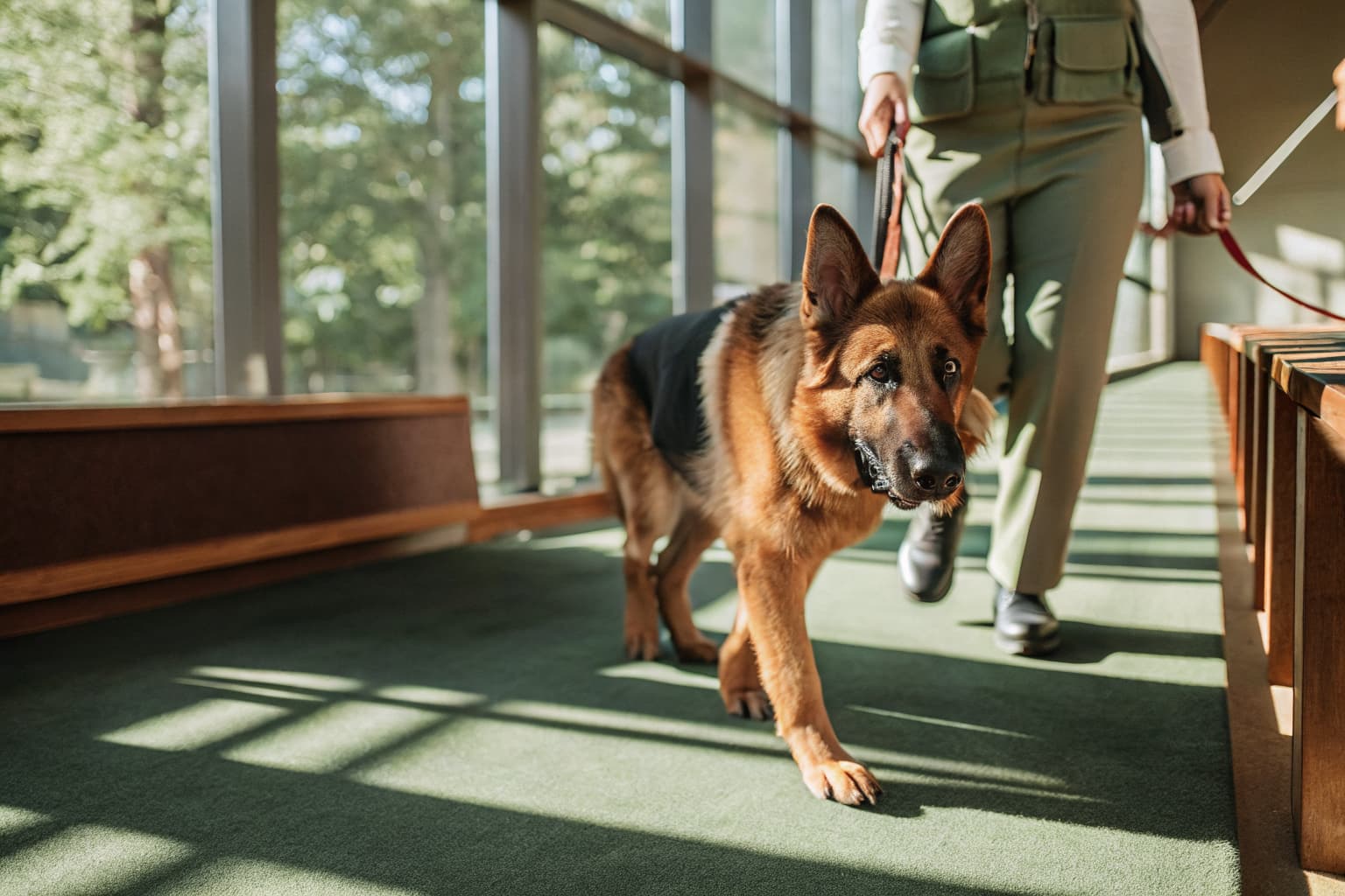 German Shepherd service dog walking beside handler in public setting