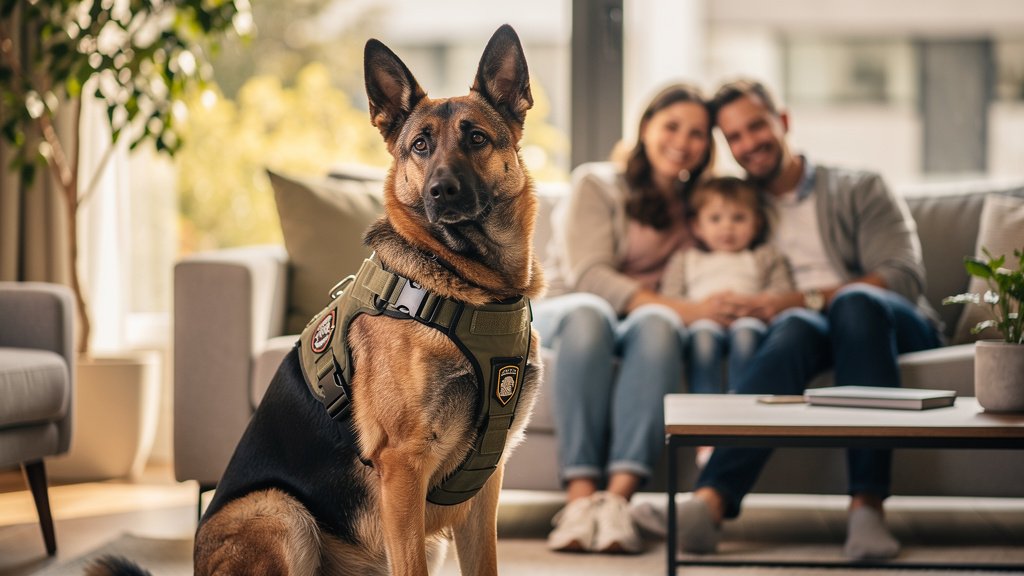 Family protection dog - German Shepherd with family in living room
